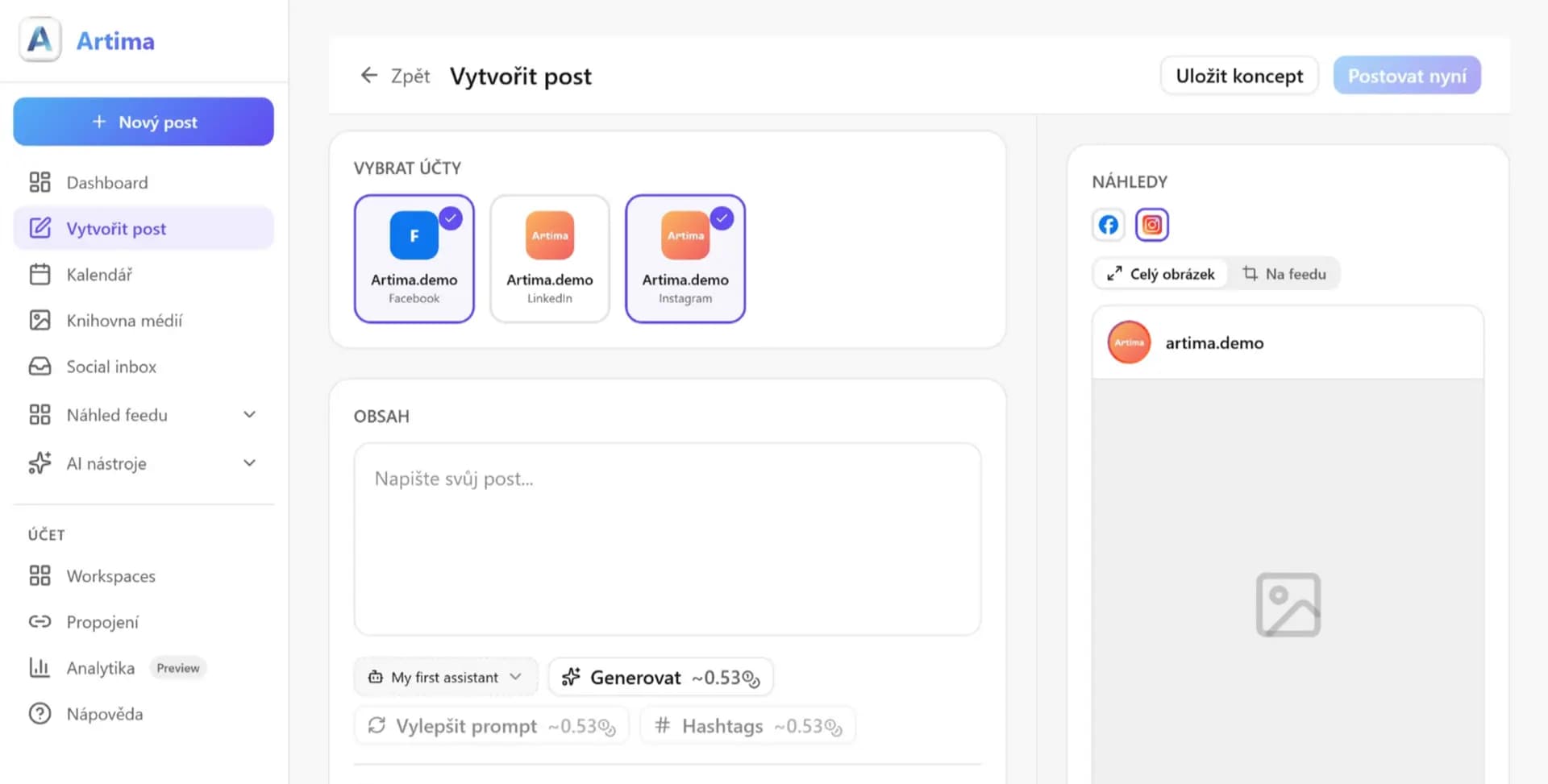 Artima při tvorbě příspěvku – výběr účtů na Facebooku, LinkedInu a Instagramu, textové pole s generováním obsahu i hashtagů pomocí AI a živý náhled toho, jak příspěvek na síti vypadá.